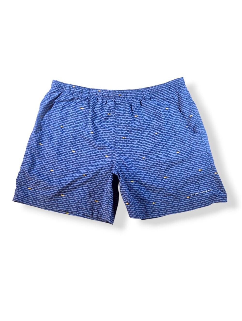 COLUMBIA PFG Mens Omni-Shade Large Swim Trunks Short Blue Fish Print Unlined
